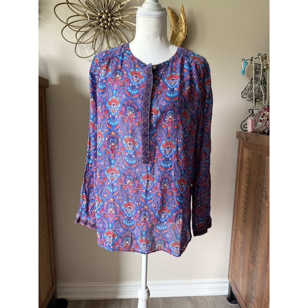 LOFT The Softened Shirt Womens M Blue Paisley Floral Boho Tunic Popover Top